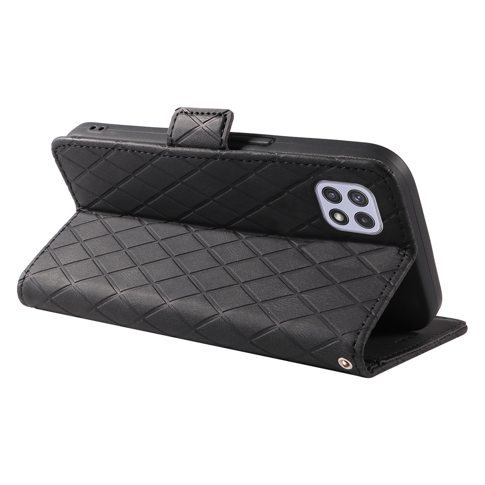 Anti-scratch Cover for Samsung Galaxy A22 5G (EU Version) Rhombus Imprinted Stand Color Splicing Phone Leather Wallet Case Anti-scratch Cover for Samsung Galaxy A22 5G (EU Version) Rhombus Imprinted Stand Color Splicing Phone Leather Wallet Case